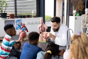 A teacher in a lab coat explains anatomy to children using detailed models of a heart and a human torso.