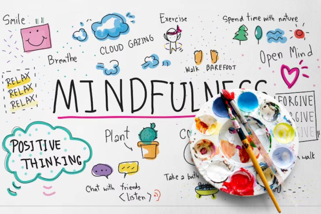 A colorful, illustrated poster promoting mindfulness techniques, featuring tips like 'breathe,' 'exercise,' and 'positive thinking,' with paint supplies.