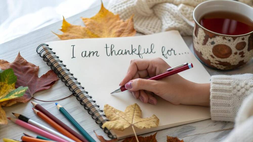 A person's hand writing 'I am thankful for...' in a notebook, surrounded by autumn leaves and a cup of tea on a cozy blanket.