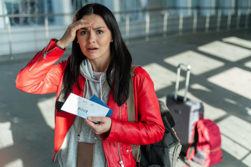 A traveler in a red jacket holds boarding tickets at an airport, with luggage visible in the background and sunlight casting shadows.