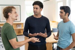 Three young men engage in a lively discussion with expressive hand gestures in a bright, modern office setting.